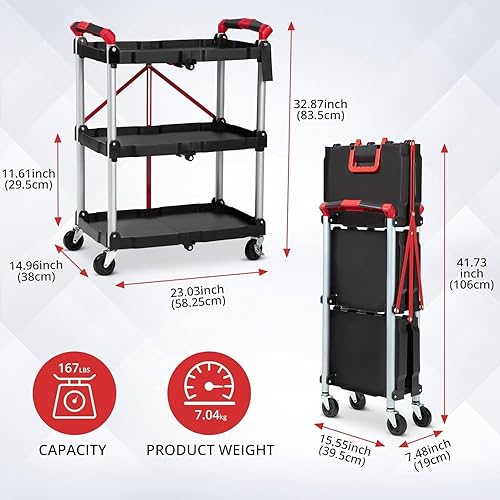 Foldable Utility Carts, 3-Tier Service Cart with Lockable Universal Wheels, Holds Folding Rolling Cart with Fixed Rope for Home, Office Garage and Warehouse No Assembly Require - Poueer