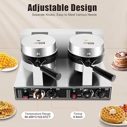 Commercial Waffle Maker, 2400W Electric Professional Round Double Head Waffle Machine for Household Bakeries Snack Bar - Poueer