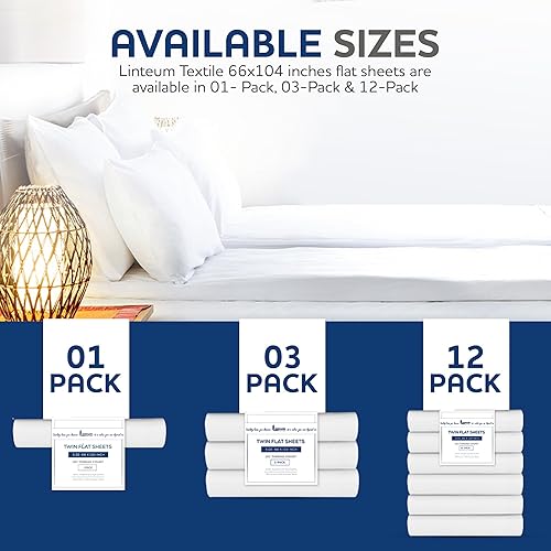 Linteum Textile Supply White Flat Sheet Twin 66x104 Inches 12-Pack Poly Cotton Blend 180 Thread Count Durable, Breathable Easy Care Top Sheets for Hotels, Hospitals, Spas, Healthcare Facilities - Poueer