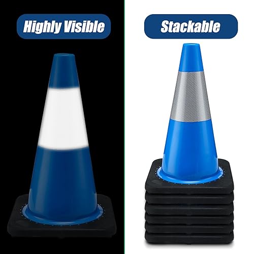 6 Pack Traffic Safety Cones Plastic PVC Blue Traffic Cones with Black Base and Reflective Collars for Street Hazards, Training, Road Construction, Parking Lot (18 Inch) - Poueer