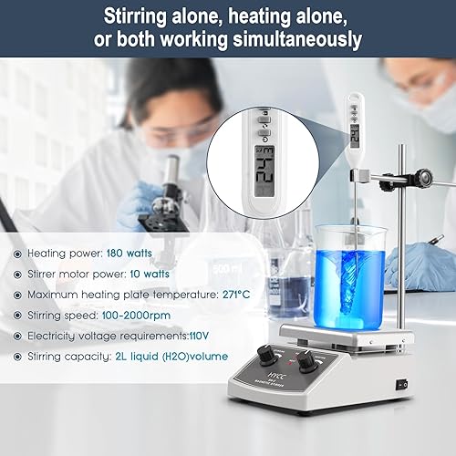 HYCC Magnetic Stirrer Hot Plate Max 520℉, 100-2000RPM Hot Plate with Magnetic Stirrer, 2000mL Magnetic Hotplate Stirrer, Magnetic Stirrer w/Thermometer, Magnetic Stir Bar, Stir Bar Retriever - Poueer