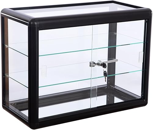 WISDOMFUR 24 x12 inch Aluminum and Glass Countertop Display Showcase - Durable, Spacious, and Stylish Cabinet for Retail, Home, or Office Use - Black - Poueer