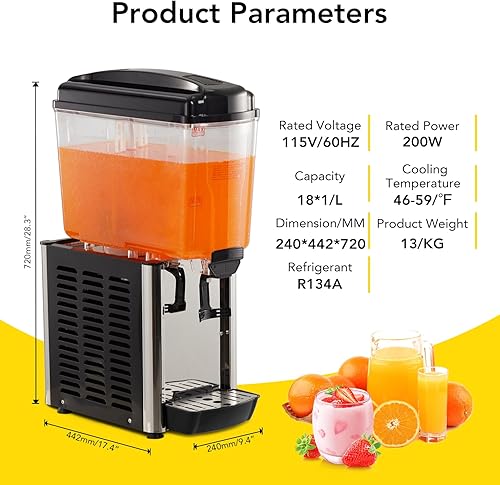 Commercial Beverage Dispenser, 1 Tank 4.8 Gal Stainless Steel Cold Drink Dispenser With 46°F-59°F Cooling Temperature, Large Cold Juice Dispenser for Home and Hospitality - Poueer