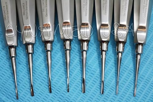 New German Grade Dental Elevator Tooth Extraction Extracting Tools 8 Pcs Straight + Curved 1.5MM to 4MM Complete Set(A+ Quality) - Poueer