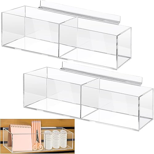 2 Pcs 16x4x4 Inch Slatwall Bins, Acrylic Clear Slatwall Bins Storage Organizers Retail Tray Slat Wall Accessories for Garage Shop Retail Display(2 Compartments) - Poueer