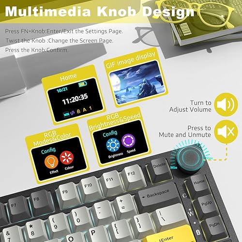 ATTACK SHARK X820ULTRA Wireless Gaming Mechanical Keyboard with TFT Smart Display&Knob,Side Printed PBT,Gasket Mounted 75% TKL Keyboard,BT5.0/2.4GHz/USB-C,RGB Backlit（White Contour,Shark Switch - Poueer