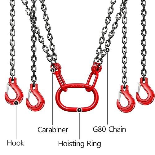 10Ft Chain Sling 5/16 Inch X 10 FT with 4 Leg Grab Hooks Adjustable Lift G80 Alloy Steel Engine Chain Sling for Lifting 5 Ton Capacity - Poueer