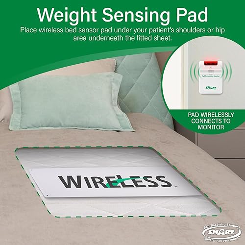 Smart Caregiver Wireless Bed Pad Alarm System with Weight Sensor Pad for Fall Prevention | 10' x 30' Alarm Pad for Bed Alerts Medical Caregiver | Cordless Bed Alarm with Up to 300' Range - Poueer