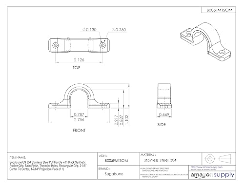 Sugatsune US 304 Stainless Steel Pull Handle with Black Synthetic Rubber Grip, Satin Finish, Threaded Holes, Rectangular Grip, 5-33/64' Center To Center, 1-15/32' Projection (Pack of 1) - Poueer