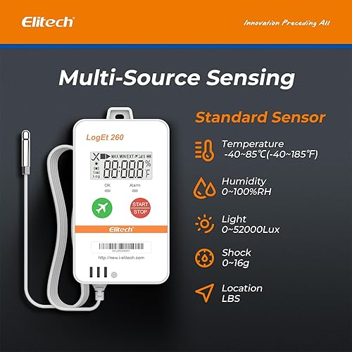 Elitech 4G Reusable Real-time Temperature Humidity Data Logger Light/Shock/Location, Built-in SIM Card, Shadow Data,Airplane Mode,Cloud Data Storage,SMS/Email/APP/Web Alarm,100000 Points,Loget260-THE - Poueer