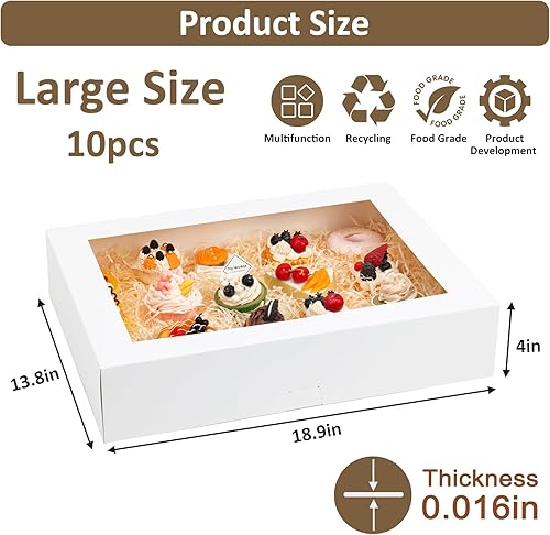 Moretoes 10pcs 19x14x4in White Bakery Boxes, Half Sheet Cake Boxes with Window, for Pastry Baking Cake Donuts Cupcake Pie Packaging - Poueer