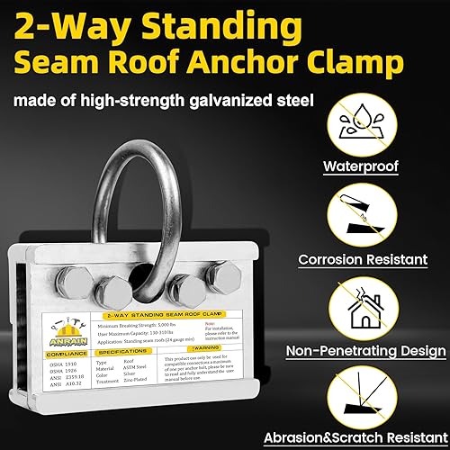 2-Way Standing Seam Roof Anchor Clamp, Non-Penetrating Design Galvanized Steel Roof Anchoring Clips, for Vertical Seam Metal Roof Or Securing Ladders, Breaking Strength 5000lbs - Poueer