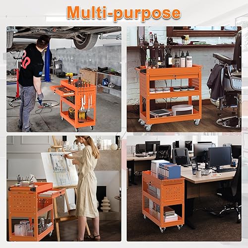 3 Tier Foldable Service Cart with Wheels, Rolling Collapsible Folding Utility Cart for Home, Office, Garage, and Warehouse (Red) - Poueer