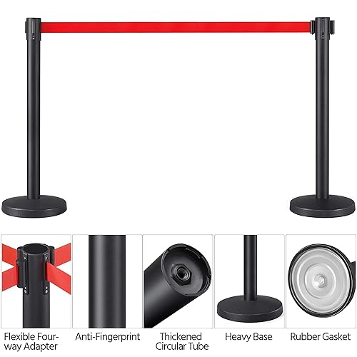 Yaheetech 4-Pack Stanchion Post Rope Barriers - Heavy Duty Black Crowd Control Stanchions 36-Inch Height with 6.5 Feet Red Retractable Belt Easy Connect Assembly - Poueer