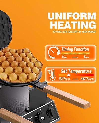 PYY Bubble Waffle Maker - Double 180° Rotate, Non-stick, 1500W, 110V, 50-250℃, Commercial & Home Use, Stainless Steel, Easy Clean - Poueer