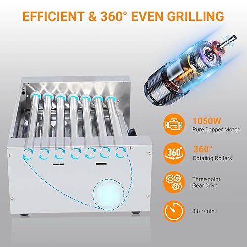 7-Roller Hot Dog Roller Machine with Dual Temperature Control, Holds 18 Hot Dogs, Non-Stick & Stainless Steel, LED Light, for Parties, Events & Food Stalls 1050W - Poueer