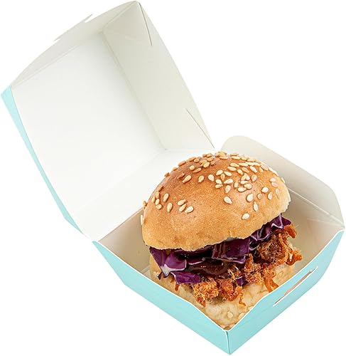 Restaurantware 2.5 x 2.5 x 2 Inch Mini Burger Boxes 100 Clamshell Food Containers - Hinged Lid Disposable Turquoise Paper Take Out Boxes Serve Sliders Or Finger Foods - Poueer