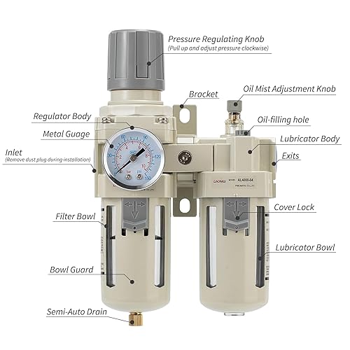 Air Pressure Regulator with Pressure Gauge(0-150PSI),Water Separator for Air Compressor Semi-Auto Drain 3/8 Air Line NPT Threaded Interface - Poueer