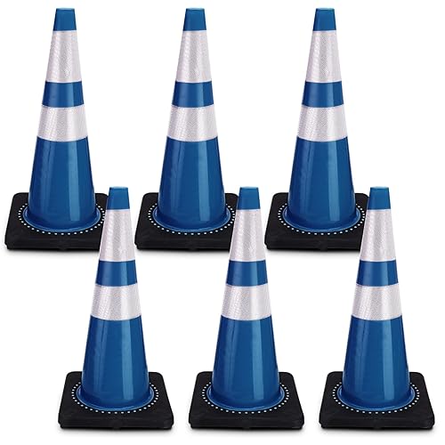 6 Pack Traffic Safety Cones Plastic PVC Blue Traffic Cones with Black Base and Reflective Collars for Street Hazards, Training, Road Construction, Parking Lot (18 Inch) - Poueer