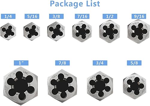 10 Piece UNC Pipe Die Set 1/4', 5/16', 3/8', 7/16', 1/2', 9/16', 5/8', 3/4', 7/8' and 1', Rethreading, Carbon Steel ,Black Box with Handle - Poueer