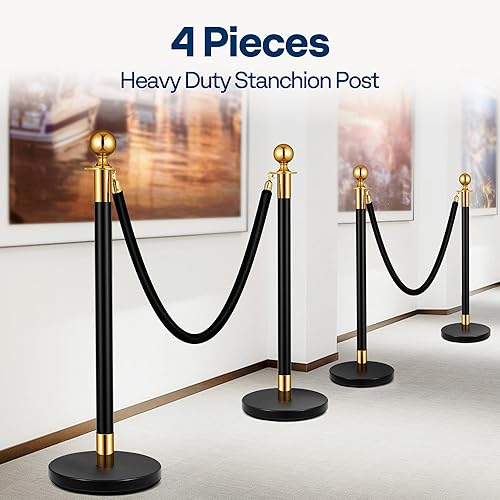 VIVOHOME Heavy Duty Iron Stanchion Post Queue 4PCS Pole w/ 2 Black Velvet Ropes, Crowd Control Barriers w/Fillable Base for High-end Venues, Museums, Party Supplies (4 Pieces, Black and Golden) - Poueer