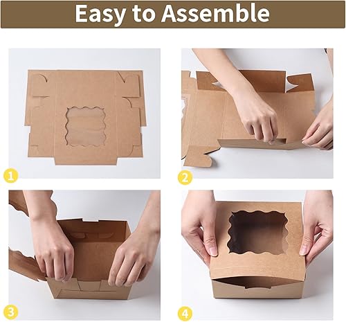 100 pcs 6x6x3 Inches Small Cake Box with Window, Bakery Pastry Cookie Boxes, Mini Pie for Pastry,Dessert,Strawberries,Chocolates, Cupcakes with paper stickers (Brown) - Poueer