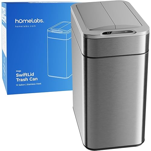 hOmeLabs - 13 Gallon Kitchen Trash Can - Retractable Automatic Sensor Butterfly Lid, Space-Saving Design, Easy to Clean, Battery-Operated with Batteries Included - Stainless Steel - Poueer