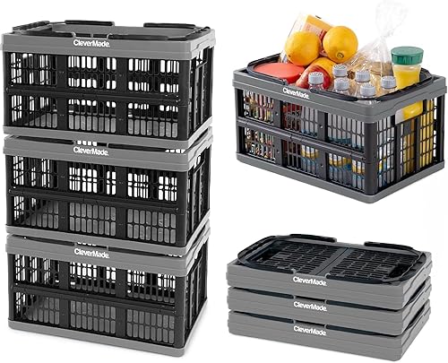 CleverMade Collapsible Shopping Basket, Ocean, 3PK - 24L (6 Gal) Reusable Plastic Grocery Shopping Baskets, Holds 25lbs Per Basket - Small Foldable Storage Crates with Handles - Poueer