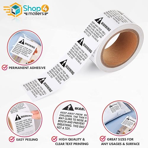 Shop4Mailers Warning Suffocation Labels, Keep Away from Small Children, for Shipping and Packing, 2' x 2' Rolls of 500 (12 Rolls/6000 Labels) - Poueer