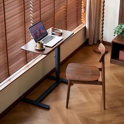 Adjustable Overbed Table with Hidden Wheels for Hospital and Home Use, Rolling Laptop Standing Desk with Wood Tabletop, Hospital Bed Table, Walnut - Poueer