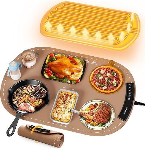 Food Warming Mat, Electric Warming Trays for Buffet & Party Rollable Food Warmers Silicone Heating Mat with 9 Temperature Setting 23.1'x15.9' (Brown) - Poueer