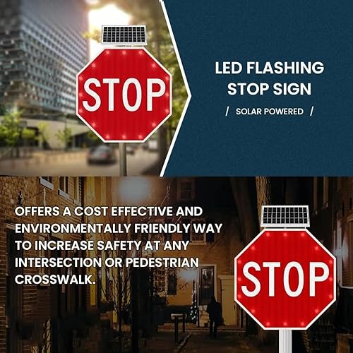 Stop Sign 24', Solar Powered LED Flashing Stop Sign, Aluminum Octagon Reflective LED Flashing Street Metal Sign, Rust-Proof Metal Frame, IP65 Waterproof - Poueer