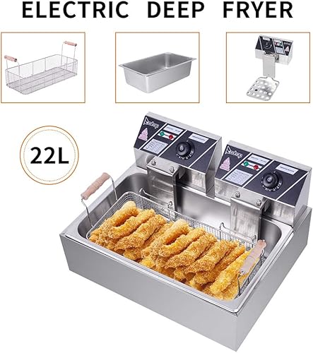 1700W Commercial Stainless Steel Deep Fryer 12.5QT with Oil Drain Faucet, 60-Min Timer & Thermostat Control - 8L Large Capacity for Restaurants/Home Use - Poueer