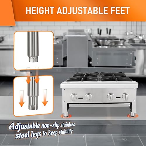 4 Burners Gas Stove, Propane and Natural Gas Commercial Hot Plate, 24' Stainless Steel Wok Countertop Commercial Range, Outdoor Cooker, Restaurant Equipment Gas Stove Burner - Poueer