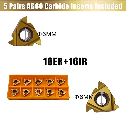 1/2' 5/8' SNR0013M16+SER1616H16 Lathe Internal Threading Holders Turning Tool Holder with 5pcs 16IR AG60+5pcs 16ER AG60 Carbide Turning Inserts - Poueer