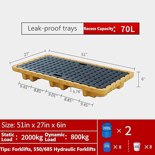 Spill Containment Platform with Grating, Stackable Modular Platform, Outlet Modular Spill Platform, 1 Pack 2 Drum Spill Platform, Yellow and Black Modular Spill Containment Pallet - Poueer