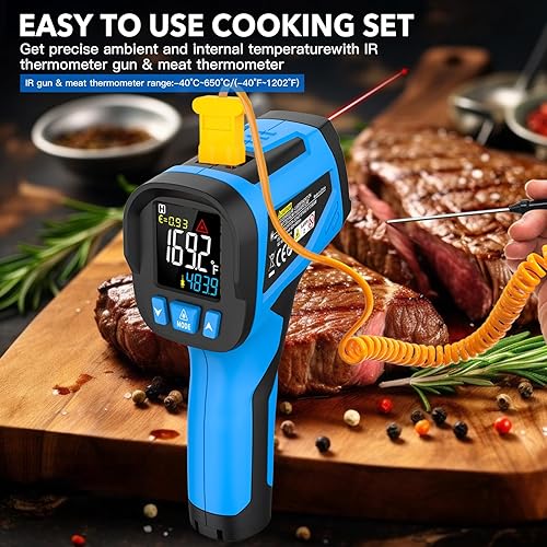 Infrared Thermometer Temperature Gun - TEMIRUP Non-Contact Digital Laser Thermometer Temp Gun with Thermocouple Probe for Industrial, Cooking, Griddle, Engine, HVAC, Adjustable Emissivity,-40℉~1202℉ - Poueer