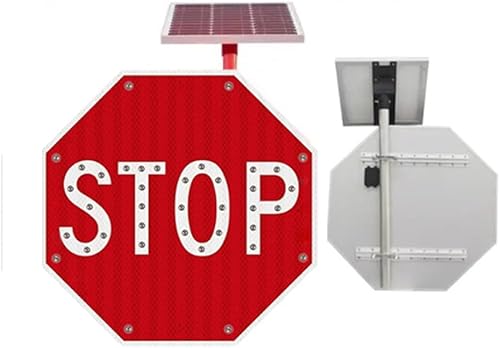 Stop Sign 24', Solar Powered LED Flashing Stop Sign, Aluminum Octagon Reflective LED Flashing Street Metal Sign, Rust-Proof Metal Frame, IP65 Waterproof - Poueer