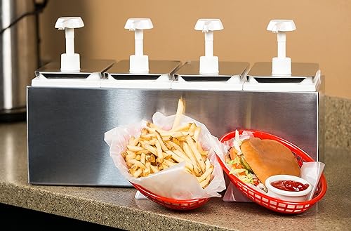 Carlisle FoodService Products Condiment Rail Condiment Center with 4 Standard Pumps for Gas Stations, Restaurants, and Fast Food Stainless Steel, 19.25 X 7.75 X 12.5 Inches, Silver - Poueer