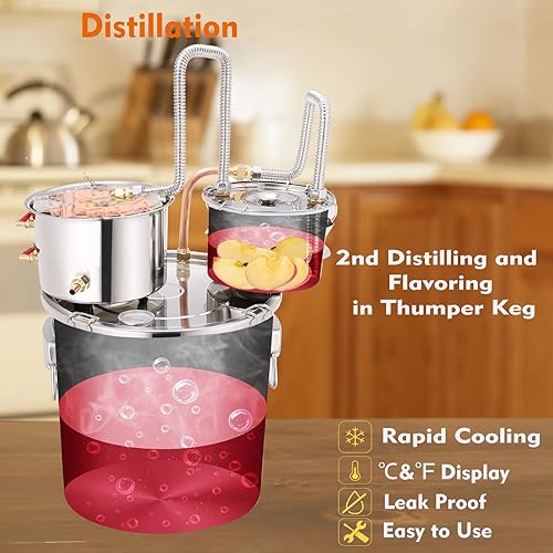 Alcohol Still 8 Gallon 2 Pots Shine Still Distillery Kit for Alcohol Stainless Steel Copper Tube Complete with Water Pump Metal Thermometer Airlock Brew Bag Proof Alcoholmeter Test Kit - Poueer