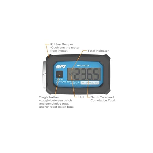 GPI 113255-1, (GALLONS) 01A31GM Aluminum Turbine Fuel Flowmeter with Digital LCD Display, 3-30 GPM, 1-Inch FNPT Inlet/Outlet, 0.75-Inch Reducer Bushings, ±5% Accuracy - Poueer