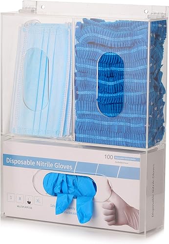 Triple Sanitation Station with Lid - Tabletop or Wall Mounted Acrylic Masks and Gloves Holder Dispenser Hairnet Dispenser with 3 Compartments - Glove Box Holder, Clear - Poueer