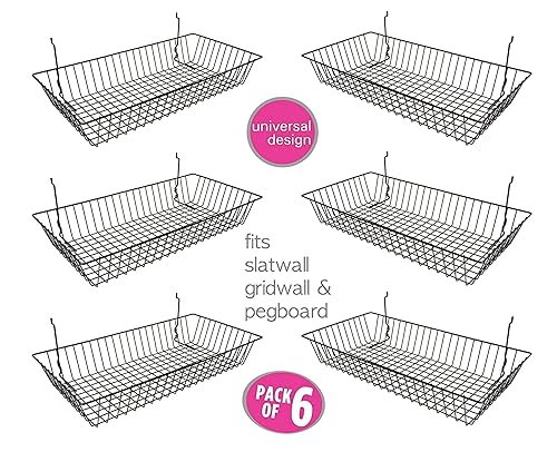 Only Garment Racks 5624BLACK (6) Only Garment Racks - Set of (6) Baskets Designed for Gridwall, Slatwall and Pegboard - Black Finish - Dimensions: 24'L X 12'D X 4'H - Lot of 6 Baskets - Poueer