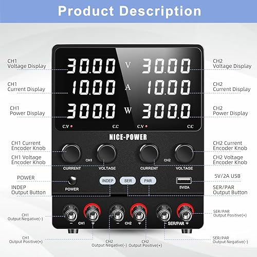 NICE-POWER Dual DC Power Supply Variable: 30V 10A Adjustable Switching Regulated Series (60V 10A) Parallel (30V 20A) High Precision 5V/2A USB Port Bench Lab Power Supplies - Poueer