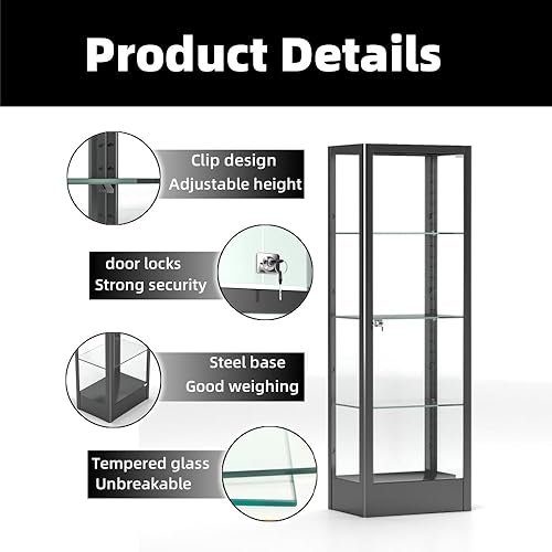 4-Tier Tempered Glass Display Shelf, Showcase with Lock, Glass Cabinets Collection Display Case, Display Case Cabinet for Living Room, Bedroom, Curio Cabinets,20' W*15.75' D*63' H, Black - Poueer