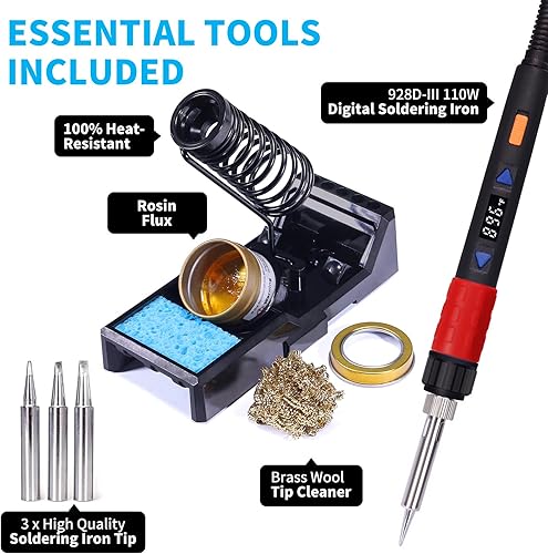 YIHUA 928D-III Soldering Iron,110W High Power, Fully Digital Display °F /°C- Temperature Control Soldering Tool, Accurate 194~896°F, with ON/OFF Switch, Iron Tip, Brass Wool, Automatic Sleep Mode - Poueer