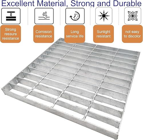 Galvanized Steel Drain Grate with Base, 16x16 Outdoor Drain Cover and Frame, B Class Sewer Grate with Lip, Durable Heavy Duty Channel Grate, Sliver Square Drainage Grate Driveway - Poueer