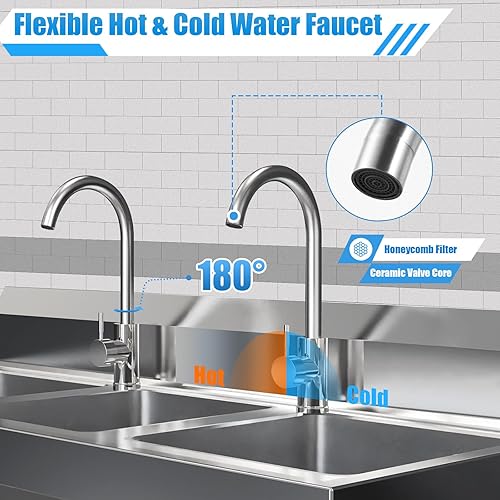 Commercial Utility Sink 3 Compartment Stainless Steel Sink Set Freestanding Restaurant Station with 2 Faucets Commercial Utility Basin for Bars, Kitchens (39 x 18 x 35.8In) - Poueer