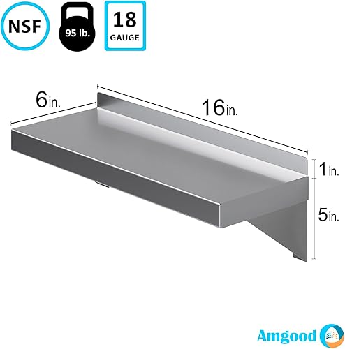 AmGood 6 in. x 16 in. Stainless Steel Wall Shelf with Squared Edge | NSF Certified | Appliance & Equipment Metal Shelving | Kitchen, Restaurant, Garage, Laundry, Utility Room - Poueer