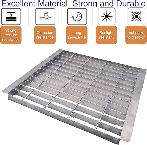 Galvanized Steel Drain Grate with Base, 16x16 Outdoor Drain Cover and Frame, B Class Sewer Grate with Lip, Durable Heavy Duty Channel Grate, Sliver Square Drainage Grate Driveway - Poueer